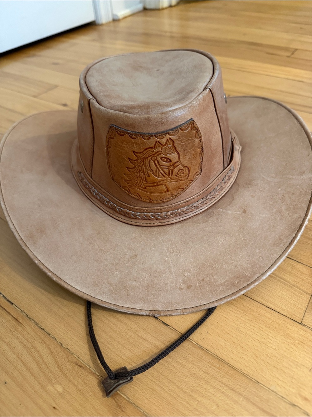 Women's Tan Leather Western Hat with Embossed Horse Panel